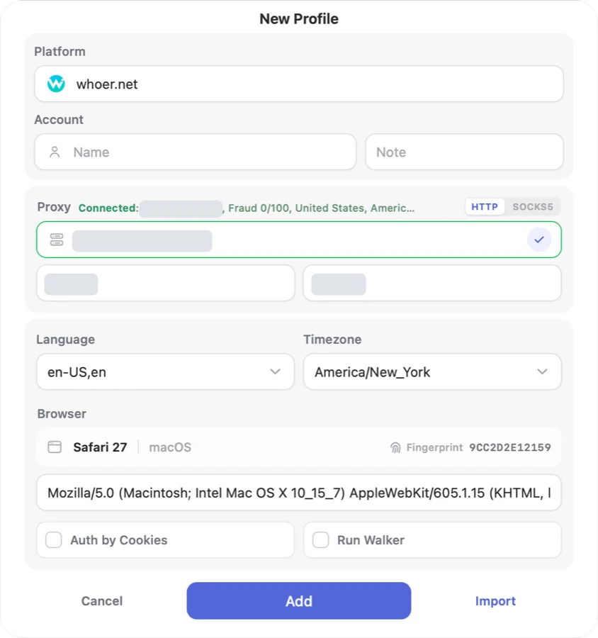 New profile form in Accovod on macOS: HTTP proxy with a Connected check, Fraud 0/100, country and time zone, with the IP, username and password hidden