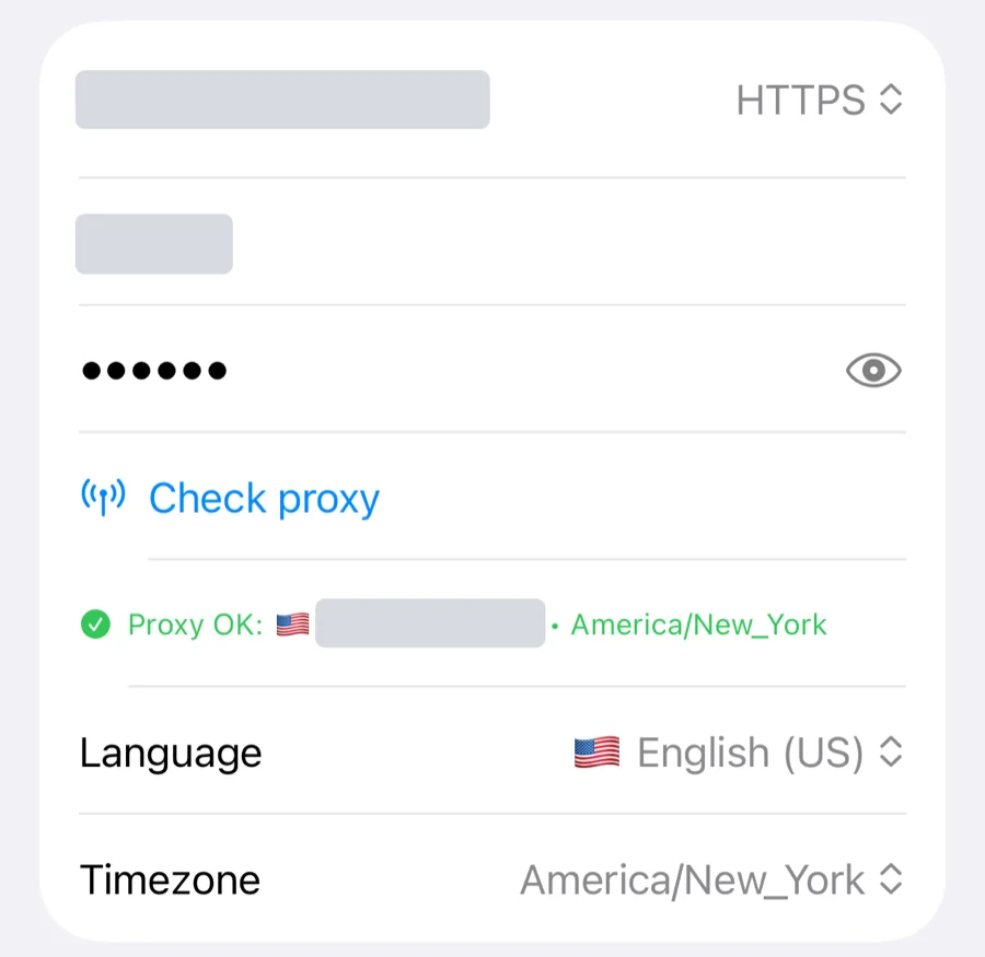 Профиль Accovod на iPhone: прокси, кнопка Check proxy и результат проверки Proxy OK, IP и логин скрыты
