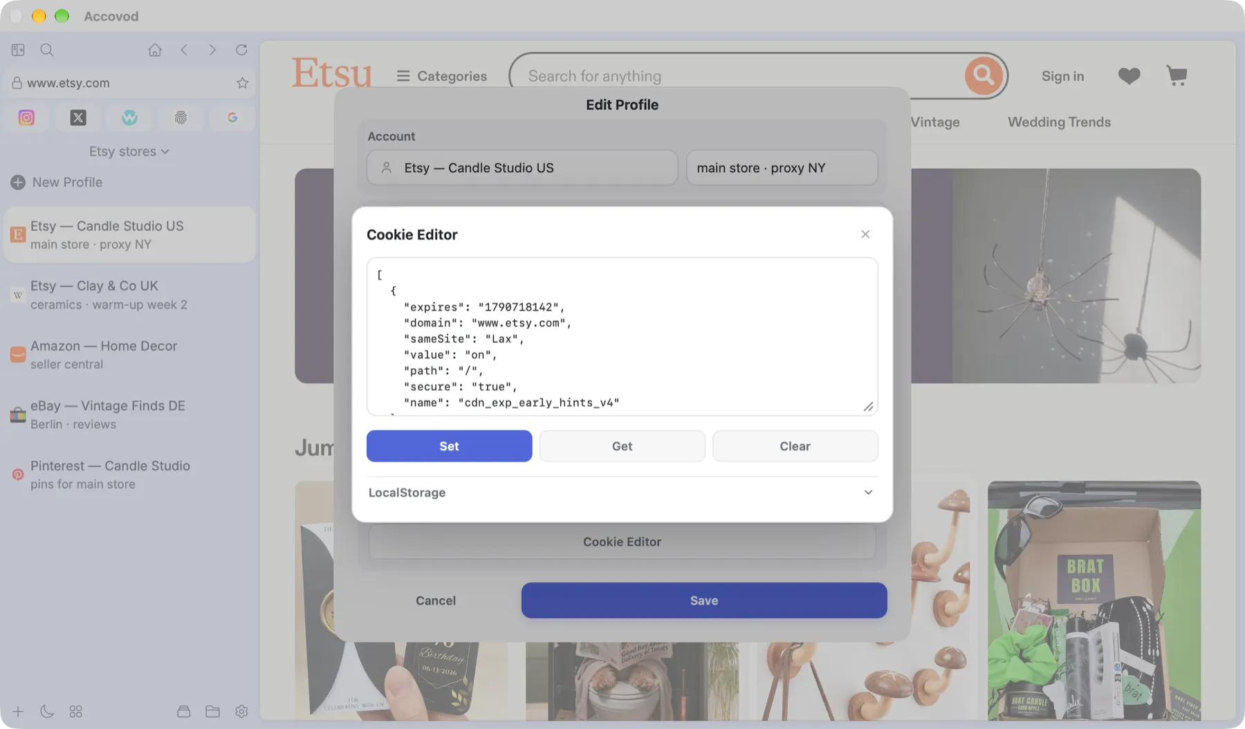 Cookie Editor in the profile edit form