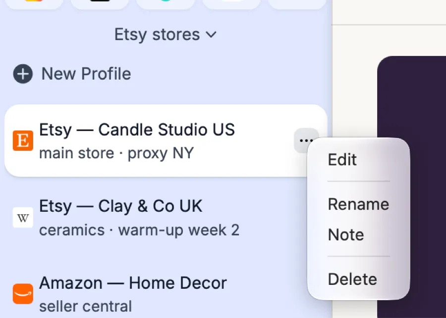 The profile menu
