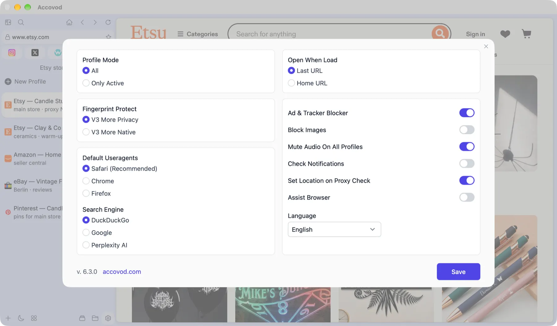Accovod settings on macOS